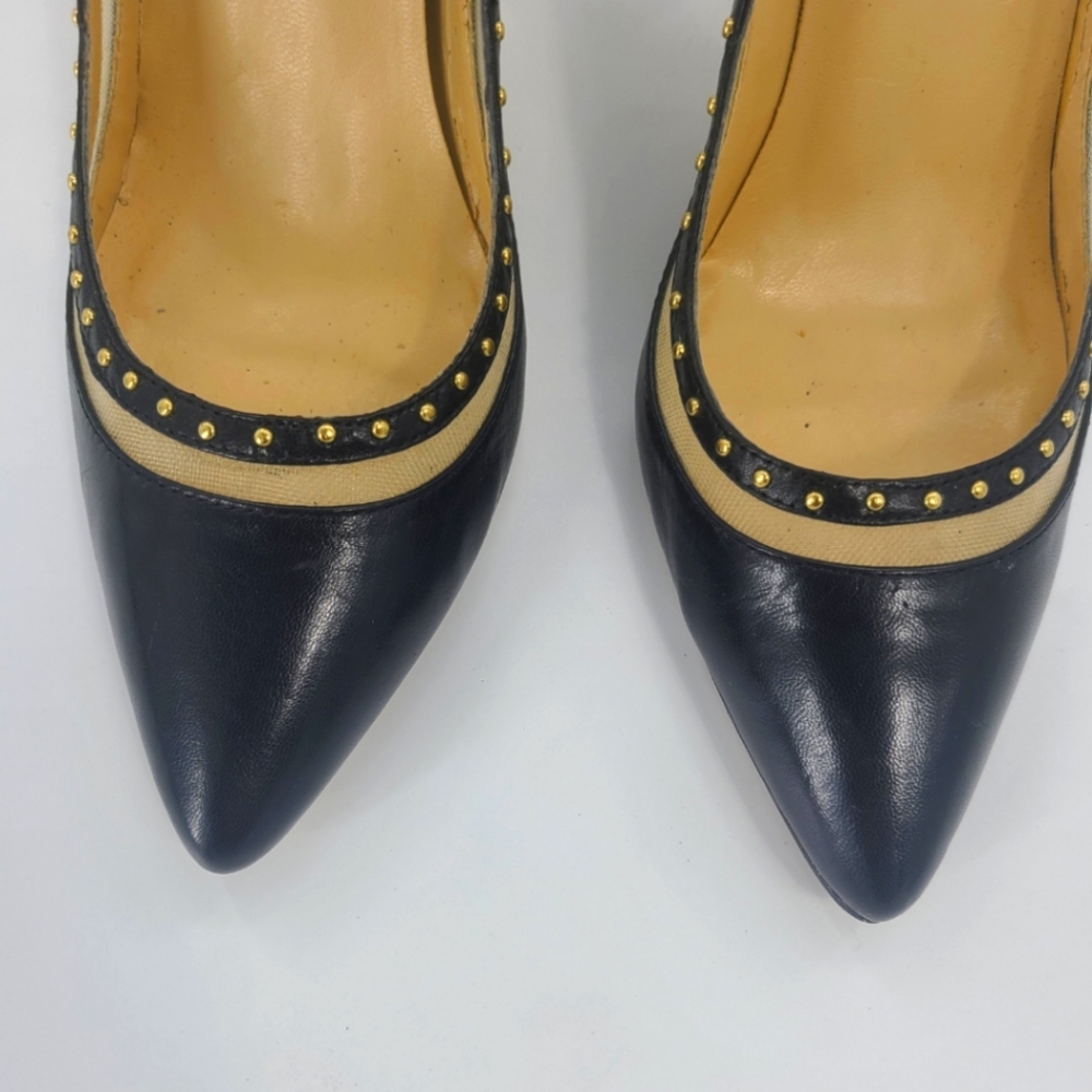 LEVITY BLACK AND SHEER LEATHER ANKLE STRAP PUMPS WITH GOLD STUDS..SIZE 8 - Picture 4 of 10